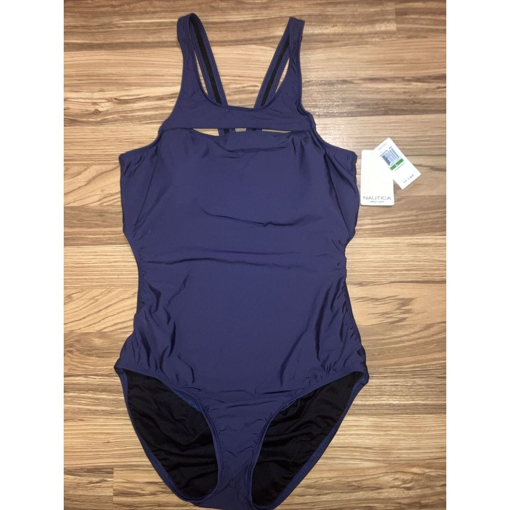 Nautica Women's Open Back One PC Swimsuit Swim Size L Navy BNWT